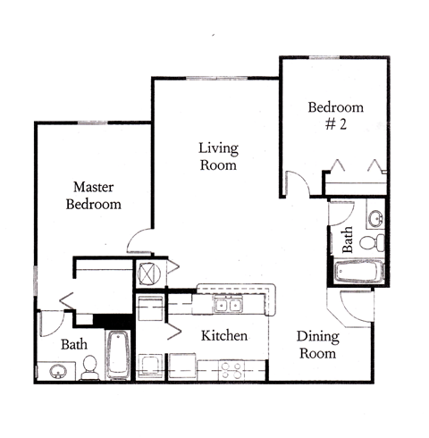 Floor plan for 2 beds, 2 baths, 985 sqft